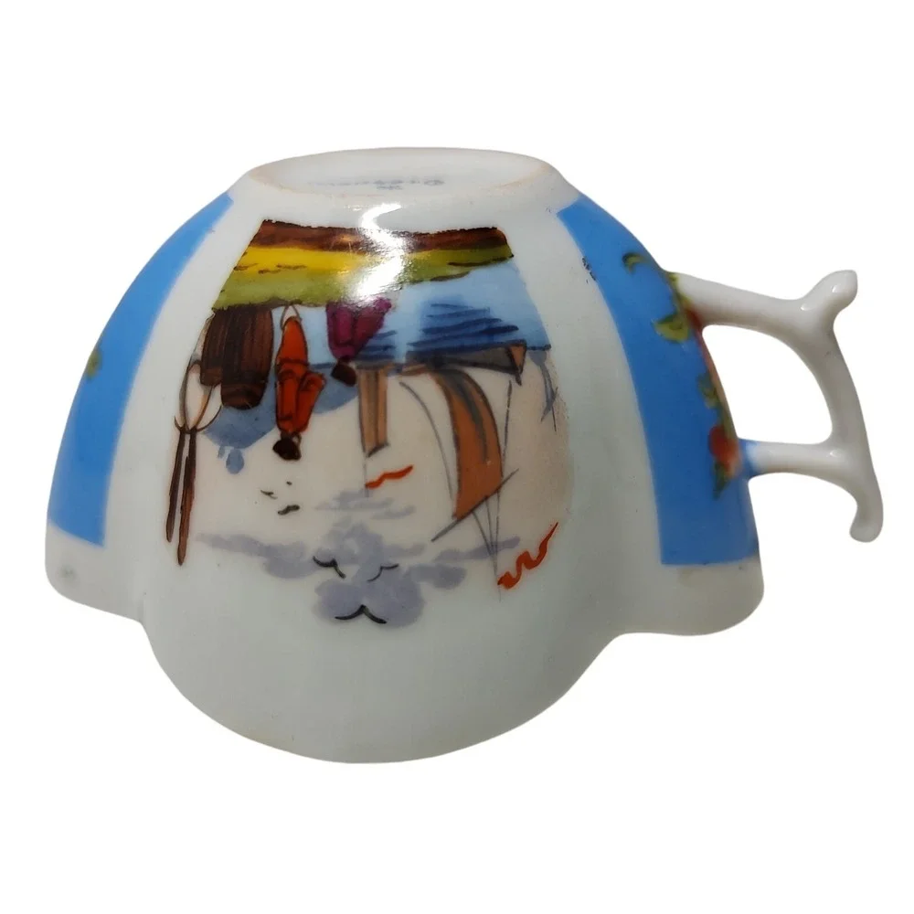 Antique Dresden Demitasse Cup Hand Painted Blue Water Scene‎ Floral Quarterfoil
